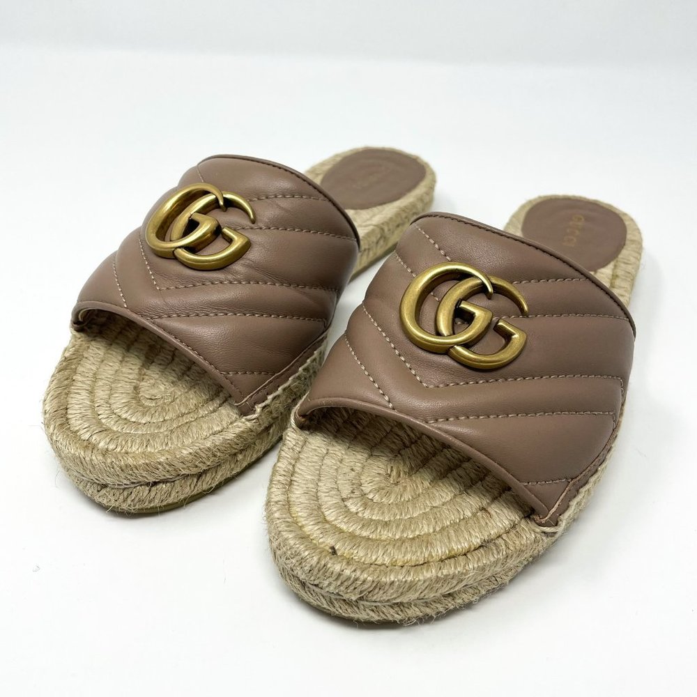 SOLD Gucci Marmont GG Espadrille Sandals Matelasse Brown Quilted Flat Sz 37 US 7 - Picture 2 of 13